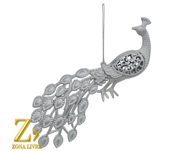 ENFEITE NATALINO PAVAO 20CM PRATA