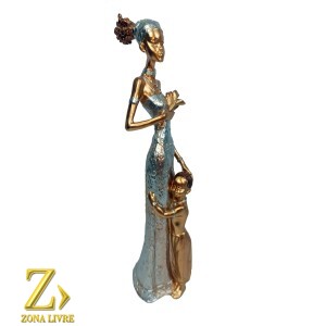 ESCULTURA EM RESINA IMPORTADA AFRICANA COM CRIANÇA 28CM