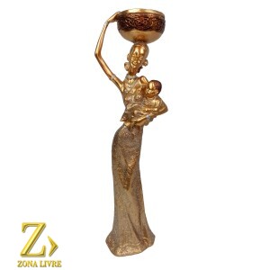 ESCULTURA EM RESINA IMPORTADA AFRICANA COM CRIANÇA DE COLO 30CM